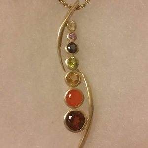 Multi Gemstone Elongated Sterling Silver Pendant *